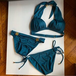 Venus Greek Goddess Bikini Set Gold Hardware Lake Blue Top and 2 Matching Bottom